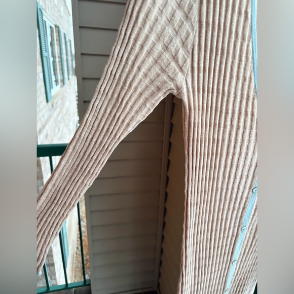 🆕 SWTR Ribbed Knit Long Cardigan Dress Beige Blue Trim Button Front Size M NWT - Picture 9 of 16